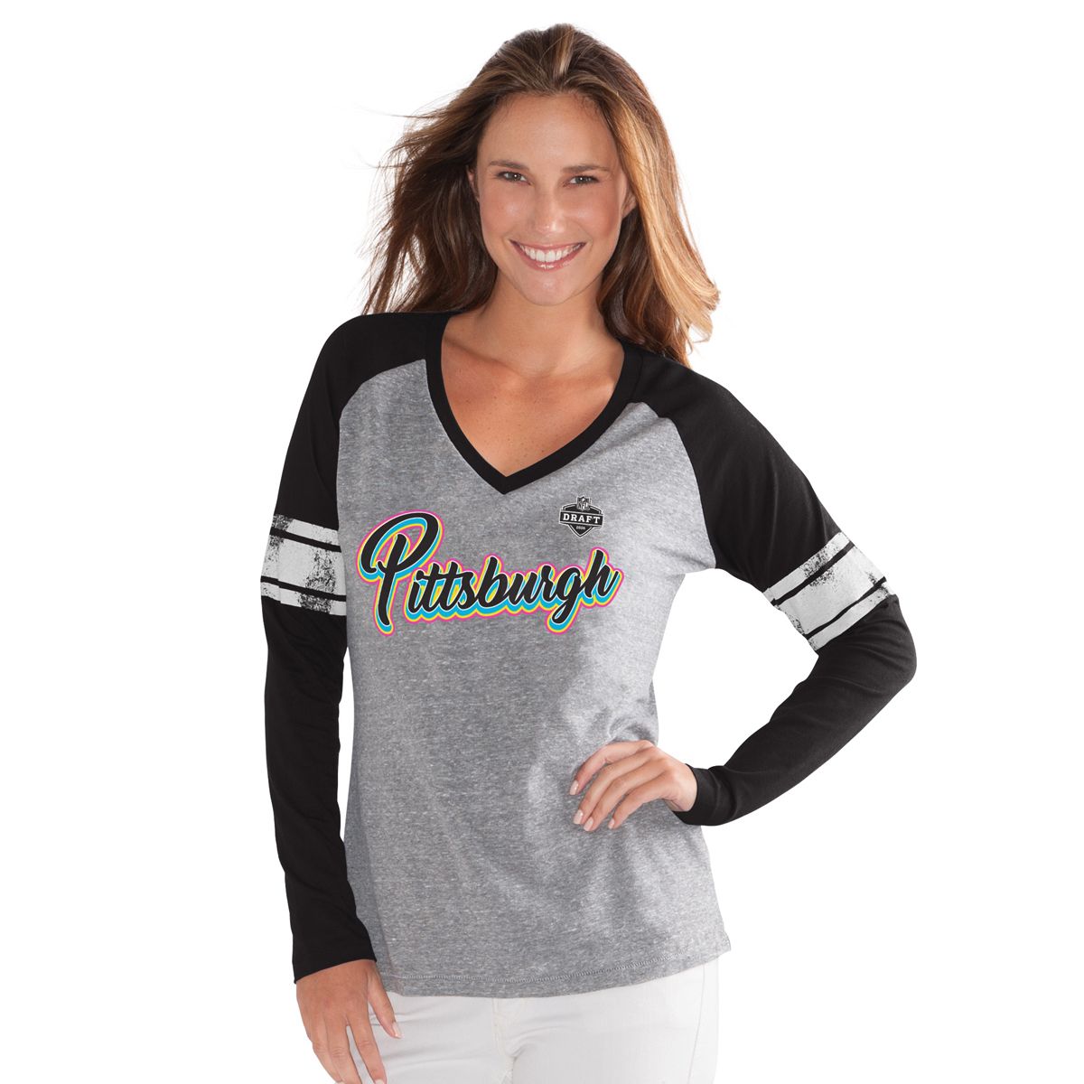 Pittsburgh Steelers Women's GIII Draft V-Neck Raglan Long Sleeve T-Shirt