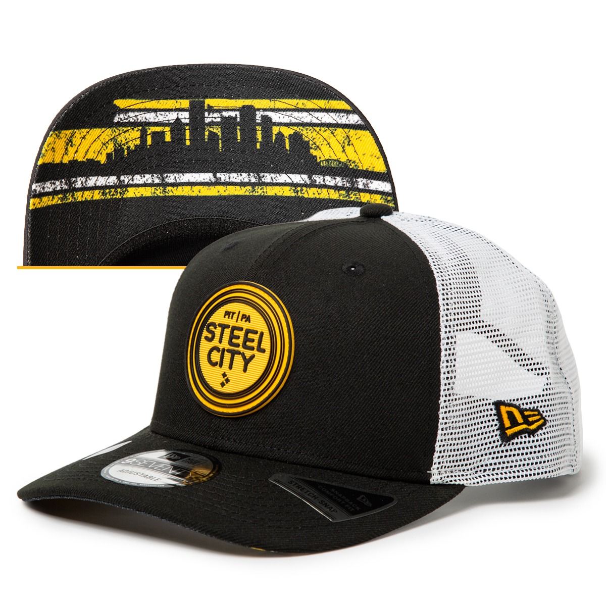 Pittsburgh Steelers New Era 9SEVENTY Steel City Black and White Trucker Hat 21 Pittsburgh Steelers New Era 9SEVENTY Steel City Black and White Trucker Hat