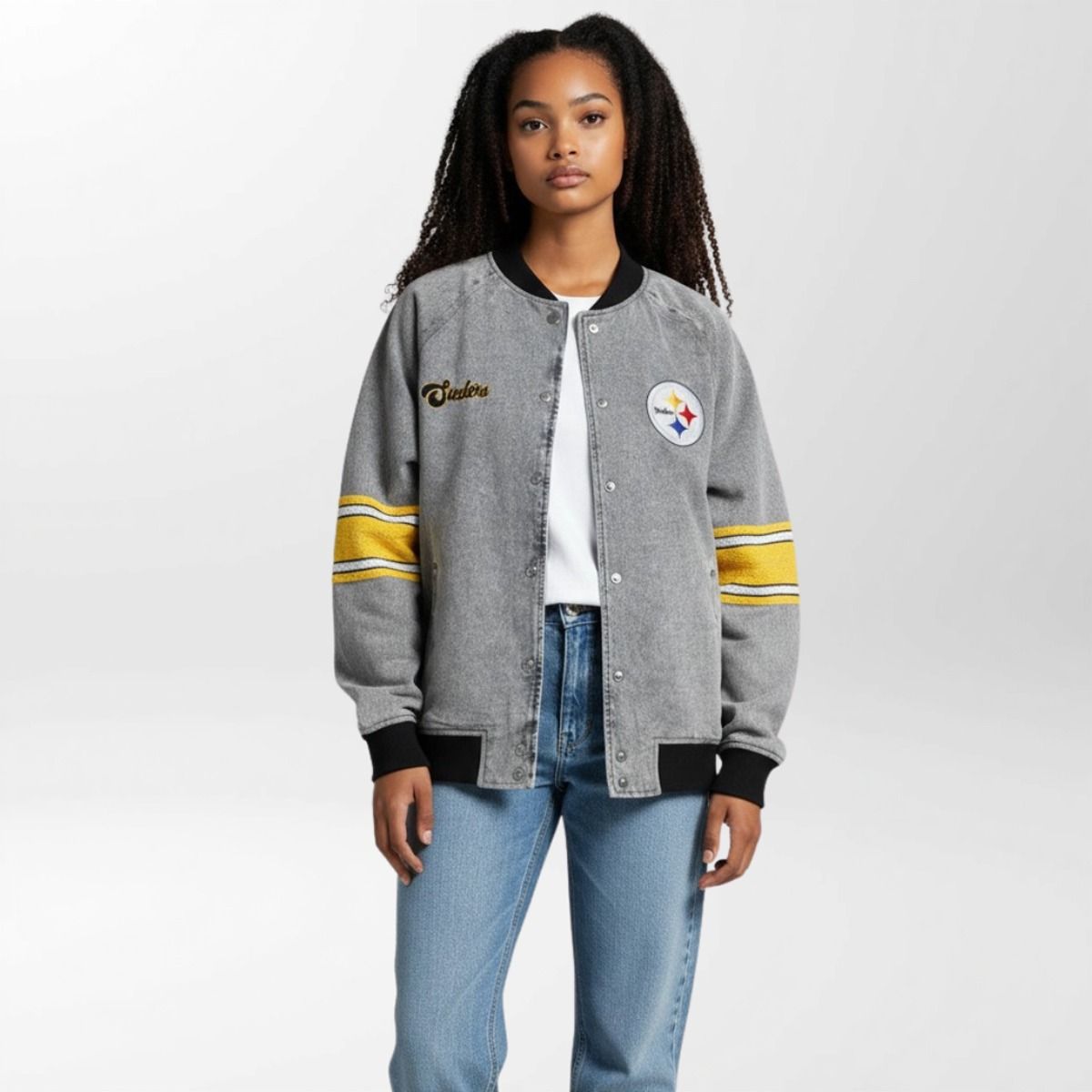 Pittsburgh Steelers Women's Wild Collective Denim Sequin Bomber Jacket