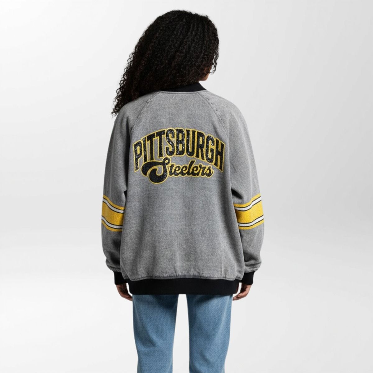 Pittsburgh Steelers Women's Wild Collective Denim Sequin Bomber Jacket