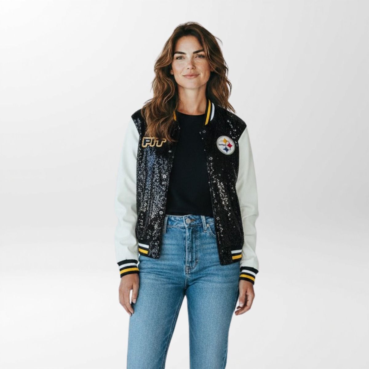 Pittsburgh Steelers Women's Wild Collective Sequin Faux Leather Bomber Jacket 1 Pittsburgh Steelers Women's Wild Collective Sequin Faux Leather Bomber Jacket