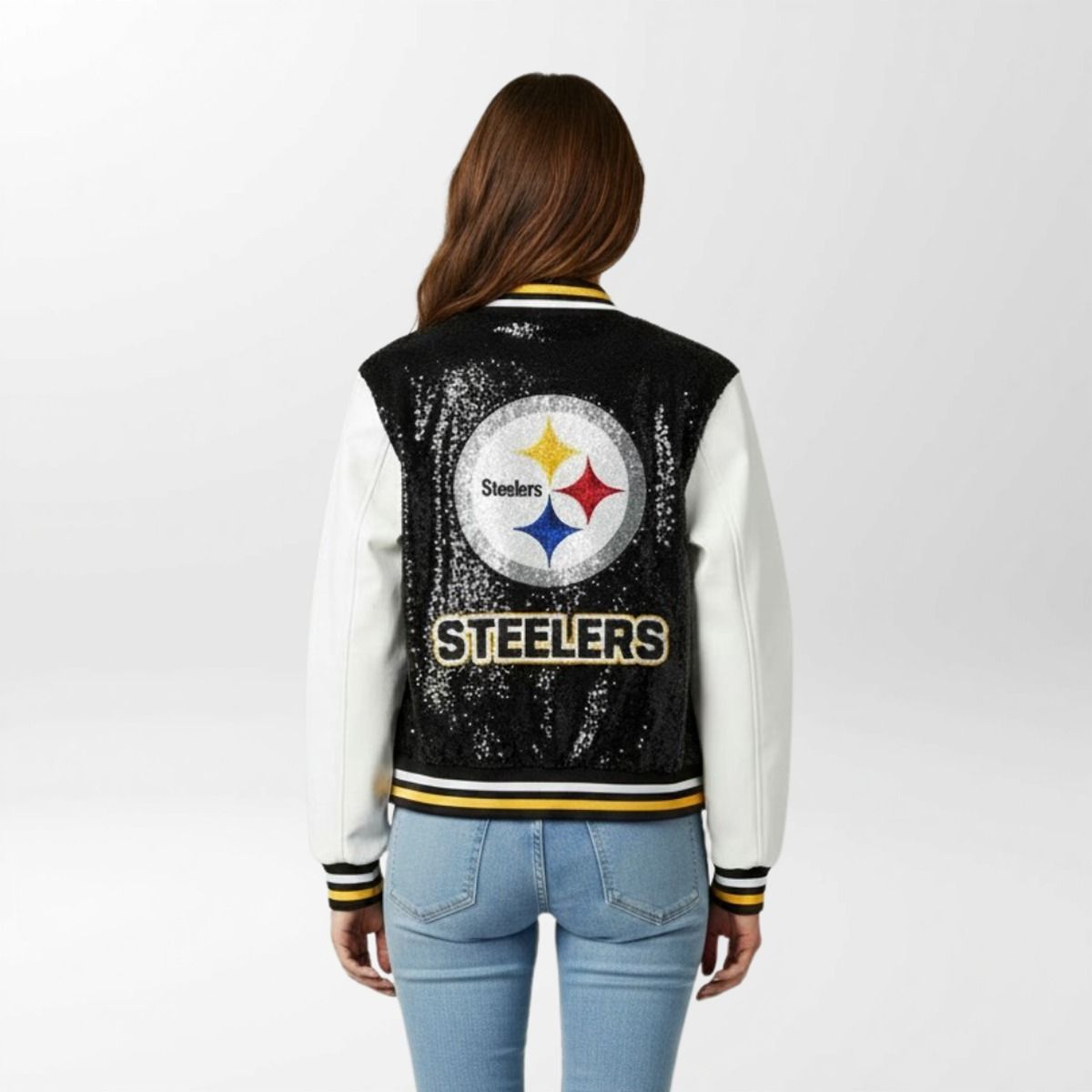 Pittsburgh Steelers Women's Wild Collective Sequin Faux Leather Bomber Jacket 2 Pittsburgh Steelers Women's Wild Collective Sequin Faux Leather Bomber Jacket