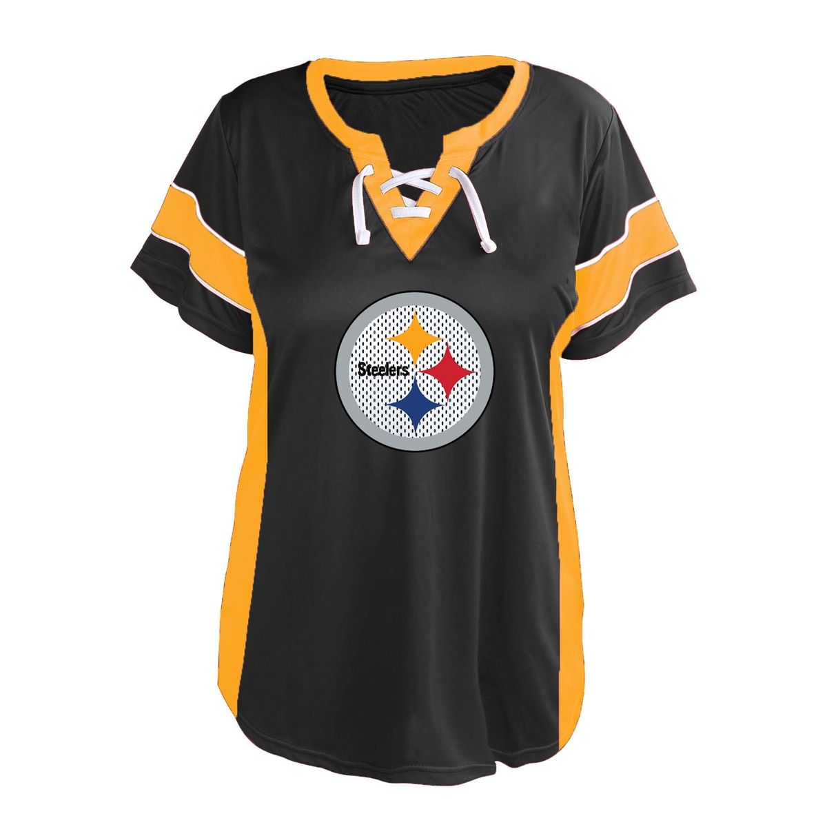 Pittsburgh Steelers Women's Plus Mesh Lace Up Glitter Print Short Sleeve T-Shirt 4 Pittsburgh Steelers Women's Plus Mesh Lace Up Glitter Print Short Sleeve T-Shirt