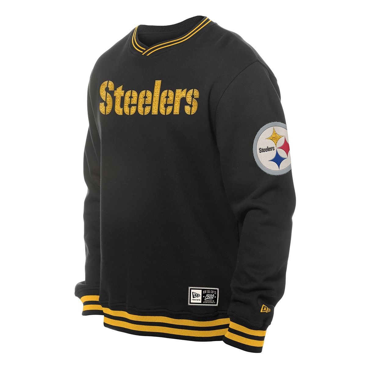 Pittsburgh Steelers Men's New Era Wordmark Striped Trim Ribbed Crew Sweatshirt 6 Pittsburgh Steelers Men's New Era Wordmark Striped Trim Ribbed Crew Sweatshirt