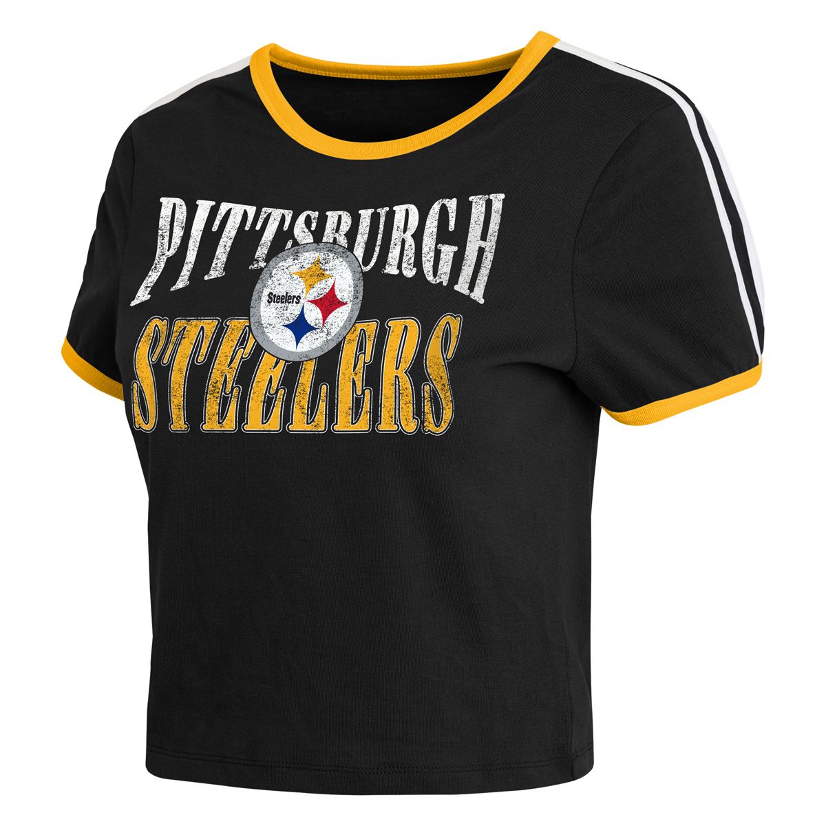 Pittsburgh Steelers Women's Erin Andrews Sleeve Stripe Ringer Baby Short Sleeve T-Shirt 7 Pittsburgh Steelers Women's Erin Andrews Sleeve Stripe Ringer Baby Short Sleeve T-Shirt