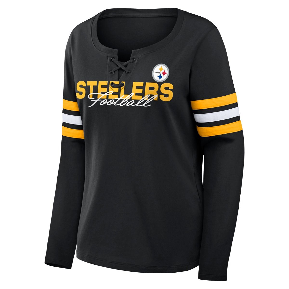 Pittsburgh Steelers Women's Nike Lace Up Sleeve Stripe Long Sleeve T-Shirt 1 Pittsburgh Steelers Women's Nike Lace Up Sleeve Stripe Long Sleeve T-Shirt
