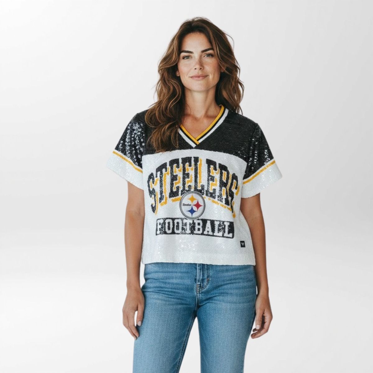 Pittsburgh Steelers Women's Wild Collective Sequin V-Neck Short Sleeve T-Shirt 4 Pittsburgh Steelers Women's Wild Collective Sequin V-Neck Short Sleeve T-Shirt