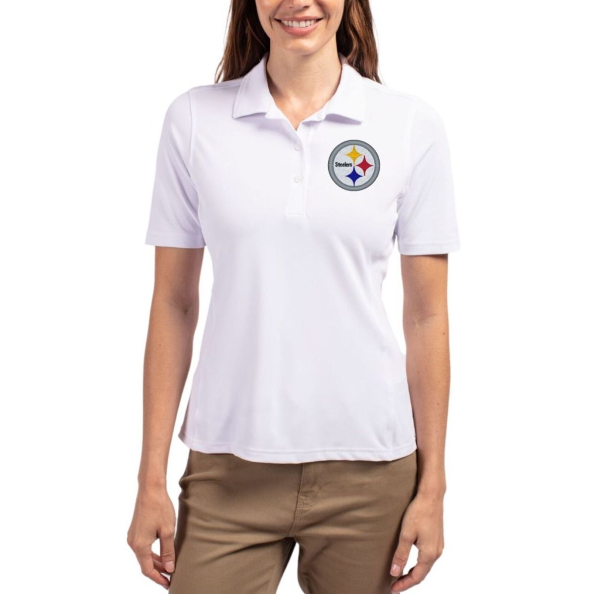 Pittsburgh Steelers Women's Cutter & Buck Virtue Featherlight Pique White Polo 3 Pittsburgh Steelers Women's Cutter & Buck Virtue Featherlight Pique White Polo