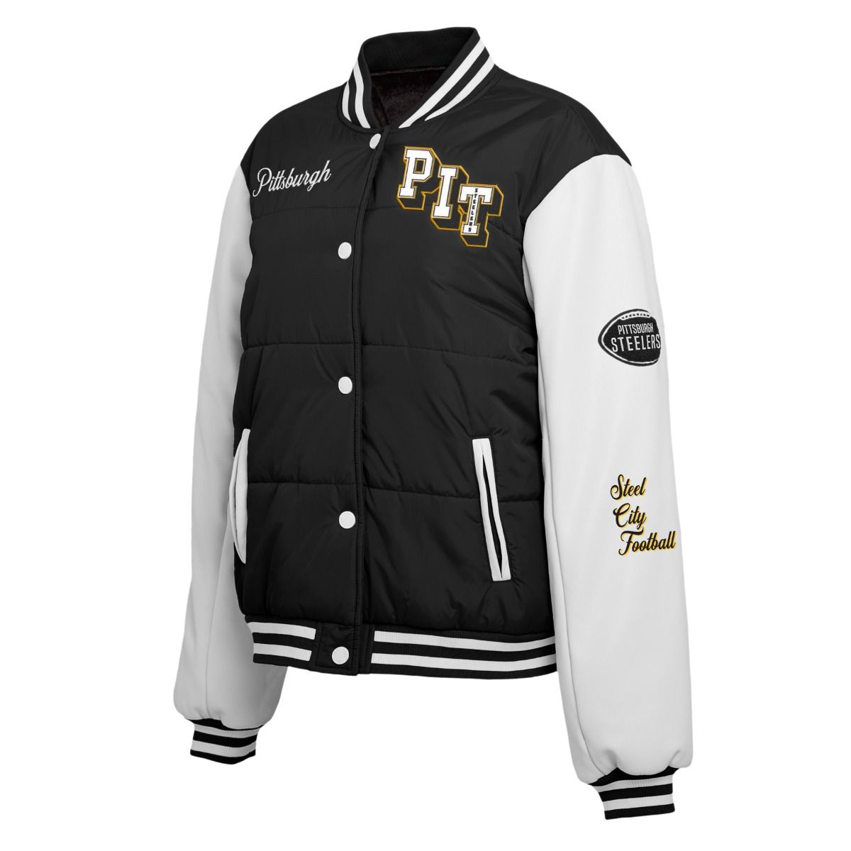 Pittsburgh Steelers Women's Erin Andrews Midweight Varsity Jacket 3 Pittsburgh Steelers Women's Erin Andrews Midweight Varsity Jacket
