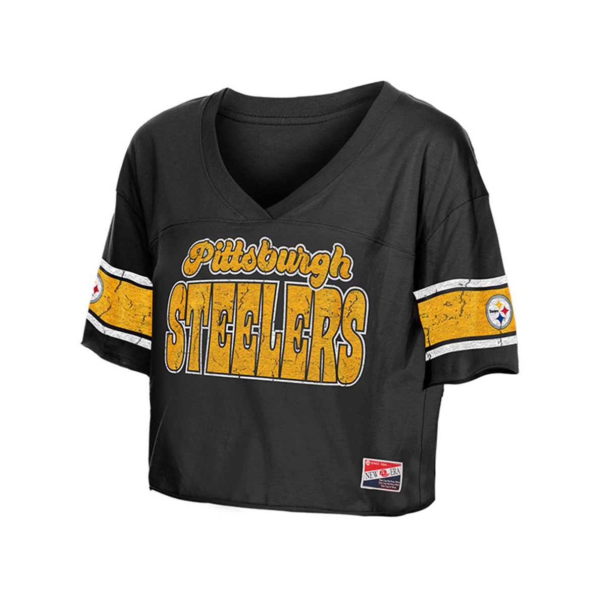 Pittsburgh Steelers Women's New Era Distressed Crop Short Sleeve T-Shirt 8 Pittsburgh Steelers Women's New Era Distressed Crop Short Sleeve T-Shirt