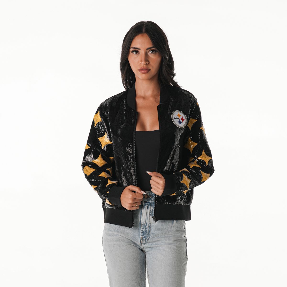 Pittsburgh Steelers Women's Wild Collective Hypocycloid Sleeve Allover Sequin Jacket 12 Pittsburgh Steelers Women's Wild Collective Hypocycloid Sleeve Allover Sequin Jacket