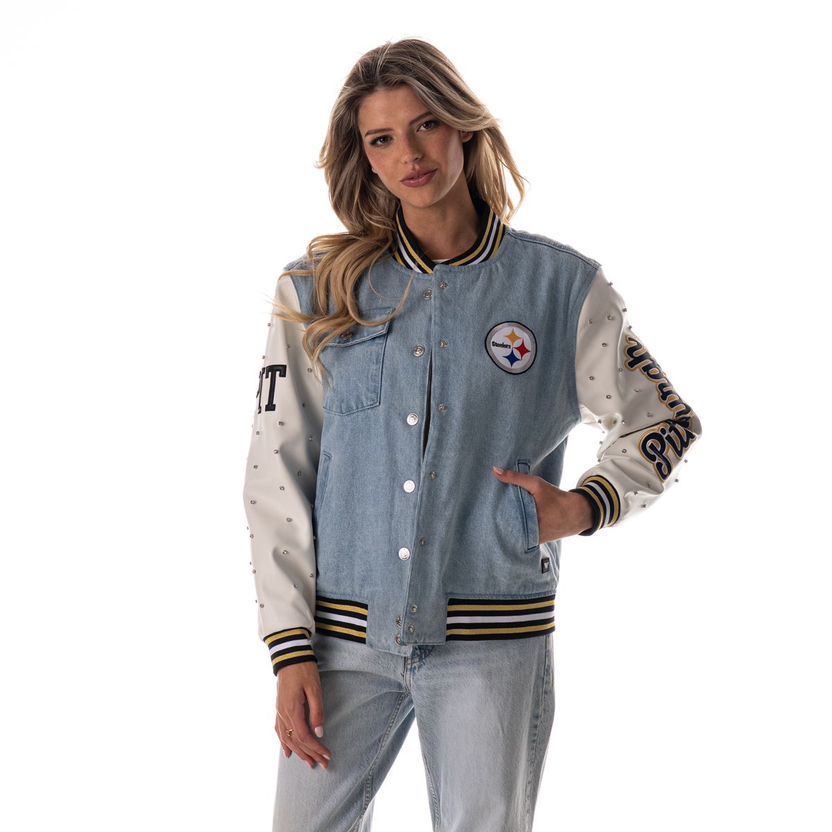 Pittsburgh Steelers Women's Wild Collective Denim Varsity Jacket