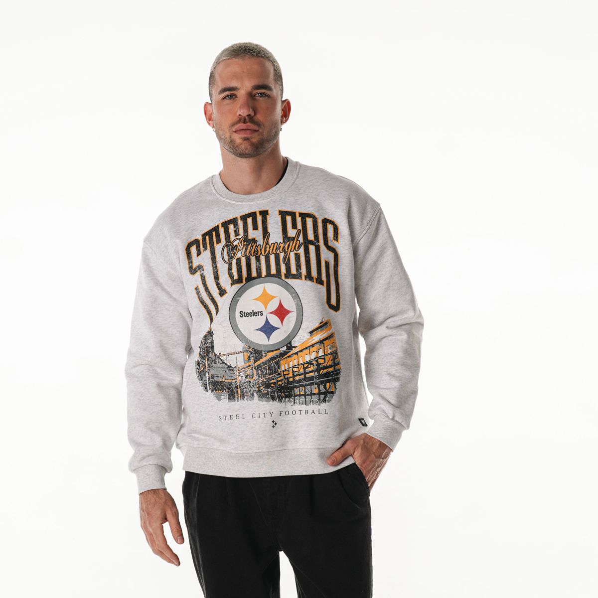Pittsburgh Steelers Unisex Wild Collective Steel Mill Fleece Crew Sweatshirt 1 Pittsburgh Steelers Unisex Wild Collective Steel Mill Fleece Crew Sweatshirt