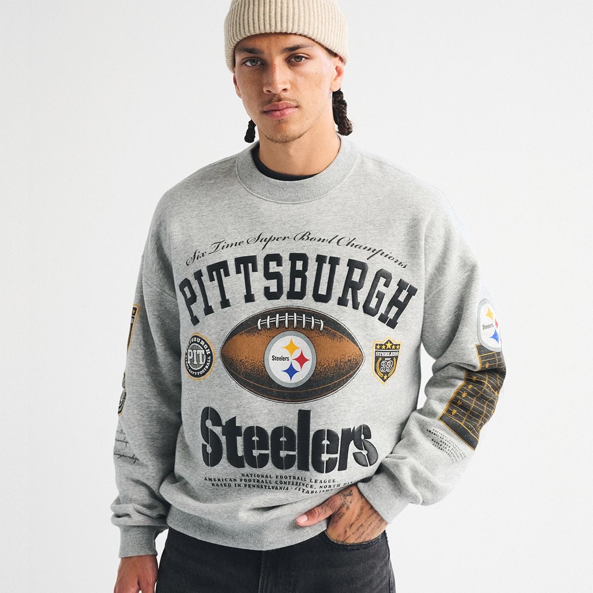 Pittsburgh Steelers Men's Abercrombie & Fitch 6X Champ Fleece Crewneck 19 Pittsburgh Steelers Men's Abercrombie & Fitch 6X Champ Fleece Crewneck