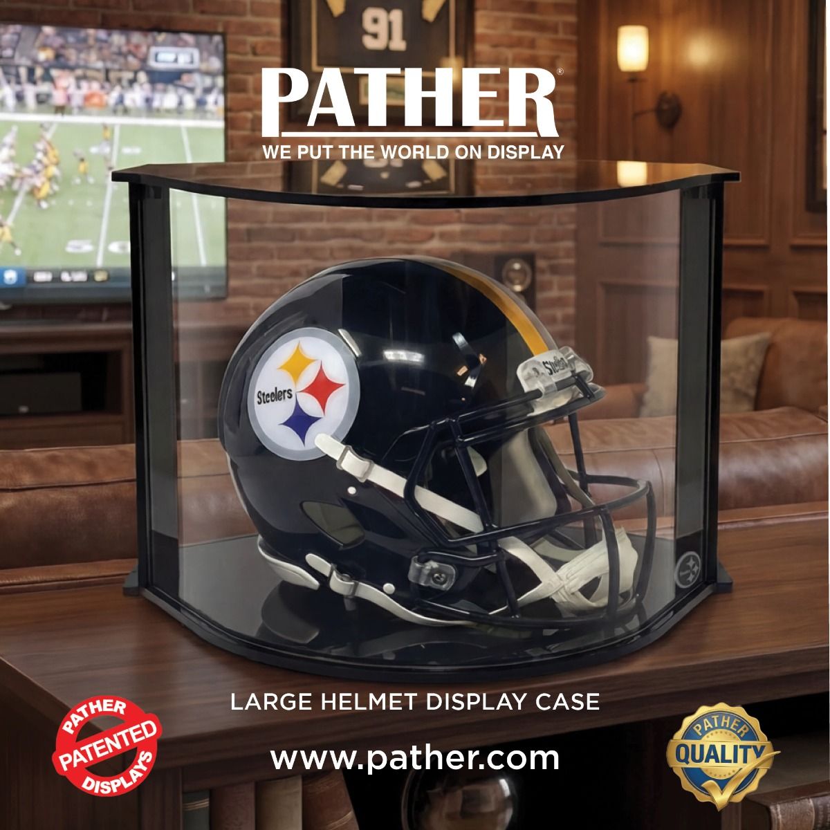Pather Large Luxury Double Curved Display Case with Steelers Logo