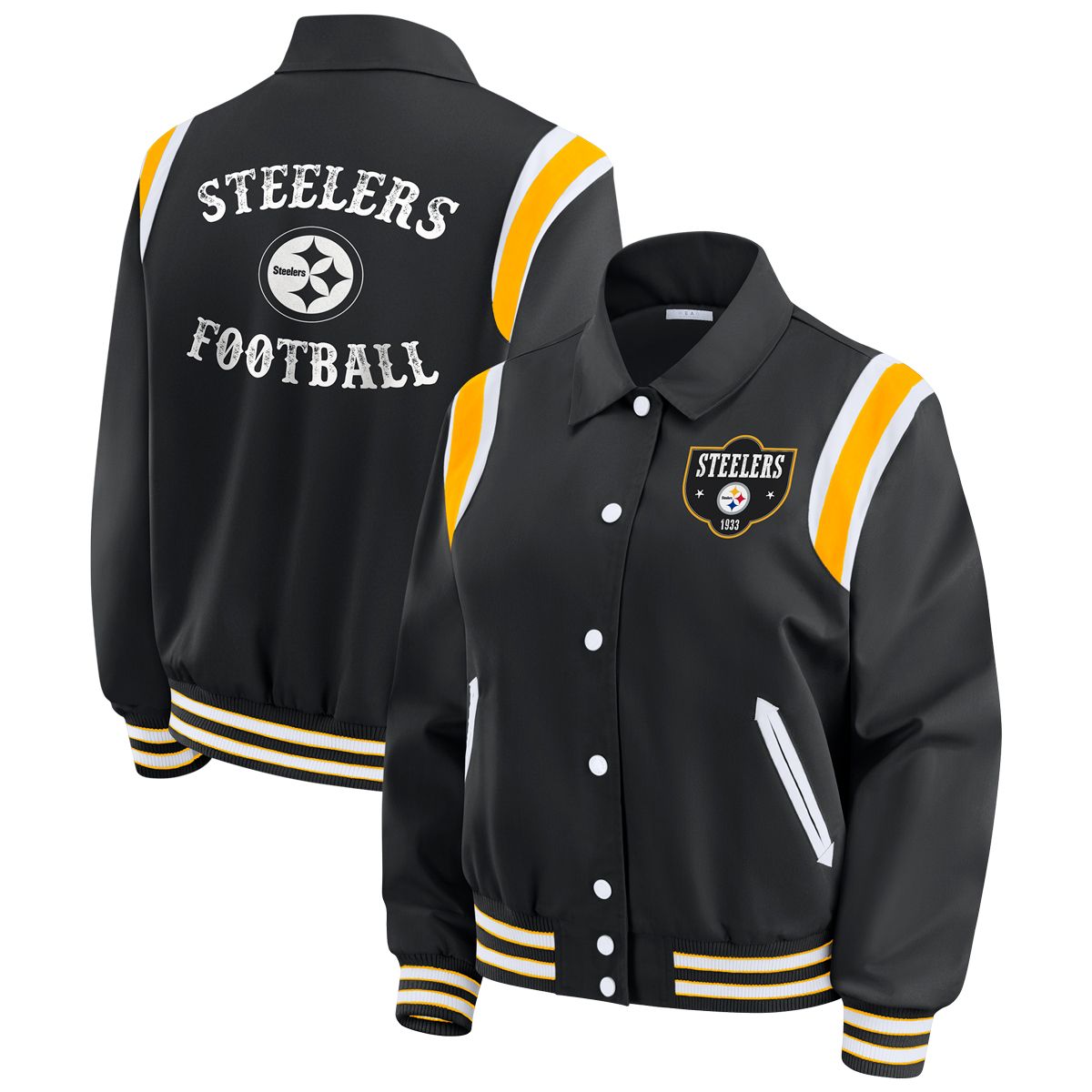 Pittsburgh Steelers Women's Erin Andrews Lightweight Varsity Jacket 2 Pittsburgh Steelers Women's Erin Andrews Lightweight Varsity Jacket