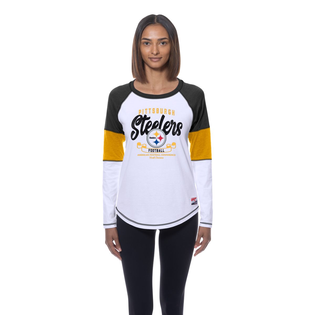 Pittsburgh Steelers Women's New Era Throwback Colorblock Long Sleeve T-Shirt 1 Pittsburgh Steelers Women's New Era Throwback Colorblock Long Sleeve T-Shirt