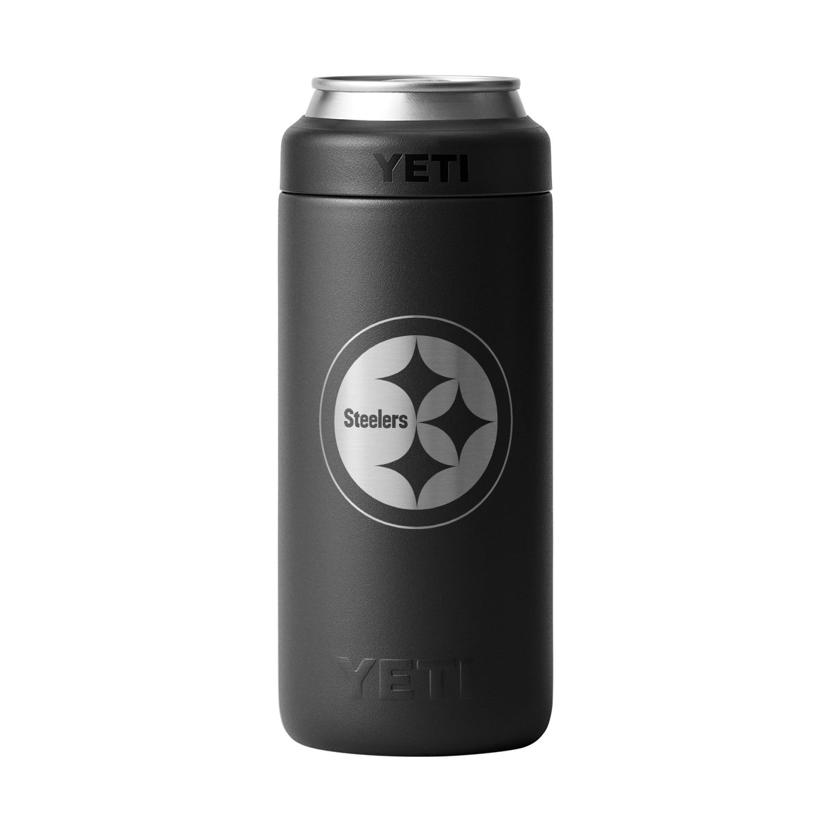 Pittsburgh Steelers Yeti Etched Logo 12oz Black Slim Can Colster