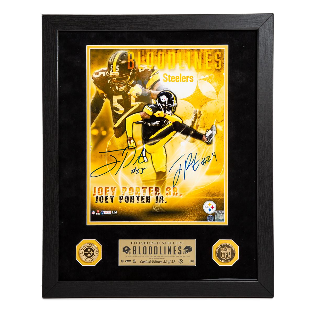 Pittsburgh Steelers #24 Joey Porter Jr. & #55 Joey Porter Sr. Autographed 11x14 LTD Piece 1 Pittsburgh Steelers #24 Joey Porter Jr. & #55 Joey Porter Sr. Autographed 11x14 LTD Piece