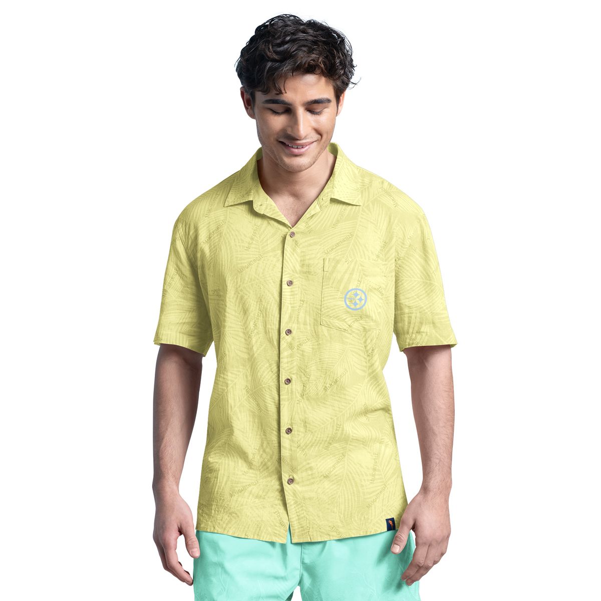 Pittsburgh Steelers Men's GIII Margaritaville Printed Linen Short Sleeve Party Shirt