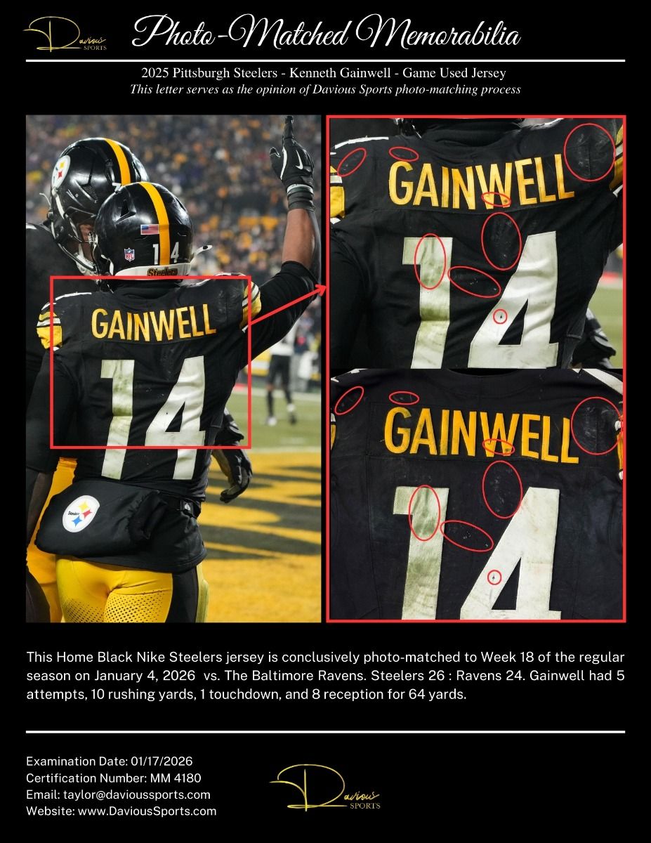 Pittsburgh Steelers #14 Kenneth Gainwell Home Game Used Jersey* vs Baltimore 3 Pittsburgh Steelers #14 Kenneth Gainwell Home Game Used Jersey* vs Baltimore