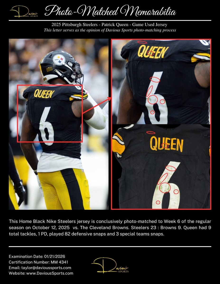 Pittsburgh Steelers #6 Patrick Queen Home Game Used Jersey* vs Cleveland 3 Pittsburgh Steelers #6 Patrick Queen Home Game Used Jersey* vs Cleveland