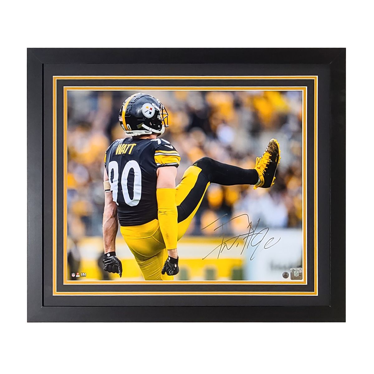 Pittsburgh Steelers #90 T.J. Watt Signed & Framed 16x20 Photo Celebration 1 Pittsburgh Steelers #90 T.J. Watt Signed & Framed 16x20 Photo Celebration