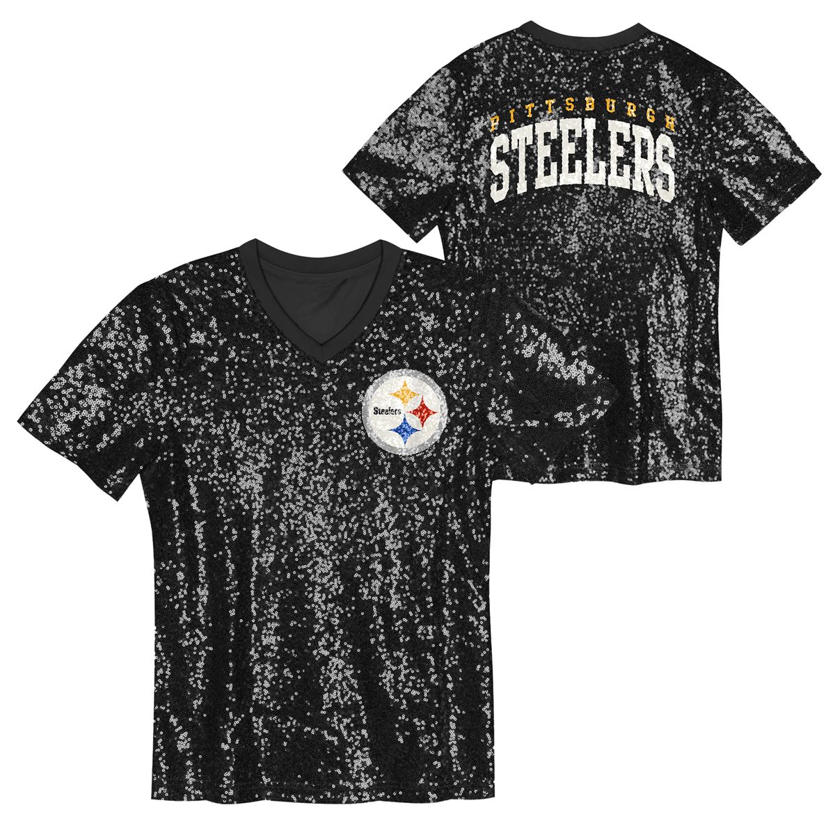 Pittsburgh Steelers Women's Team Glam Wordmark Sequin Short Sleeve T-Shirt 4 Pittsburgh Steelers Women's Team Glam Wordmark Sequin Short Sleeve T-Shirt
