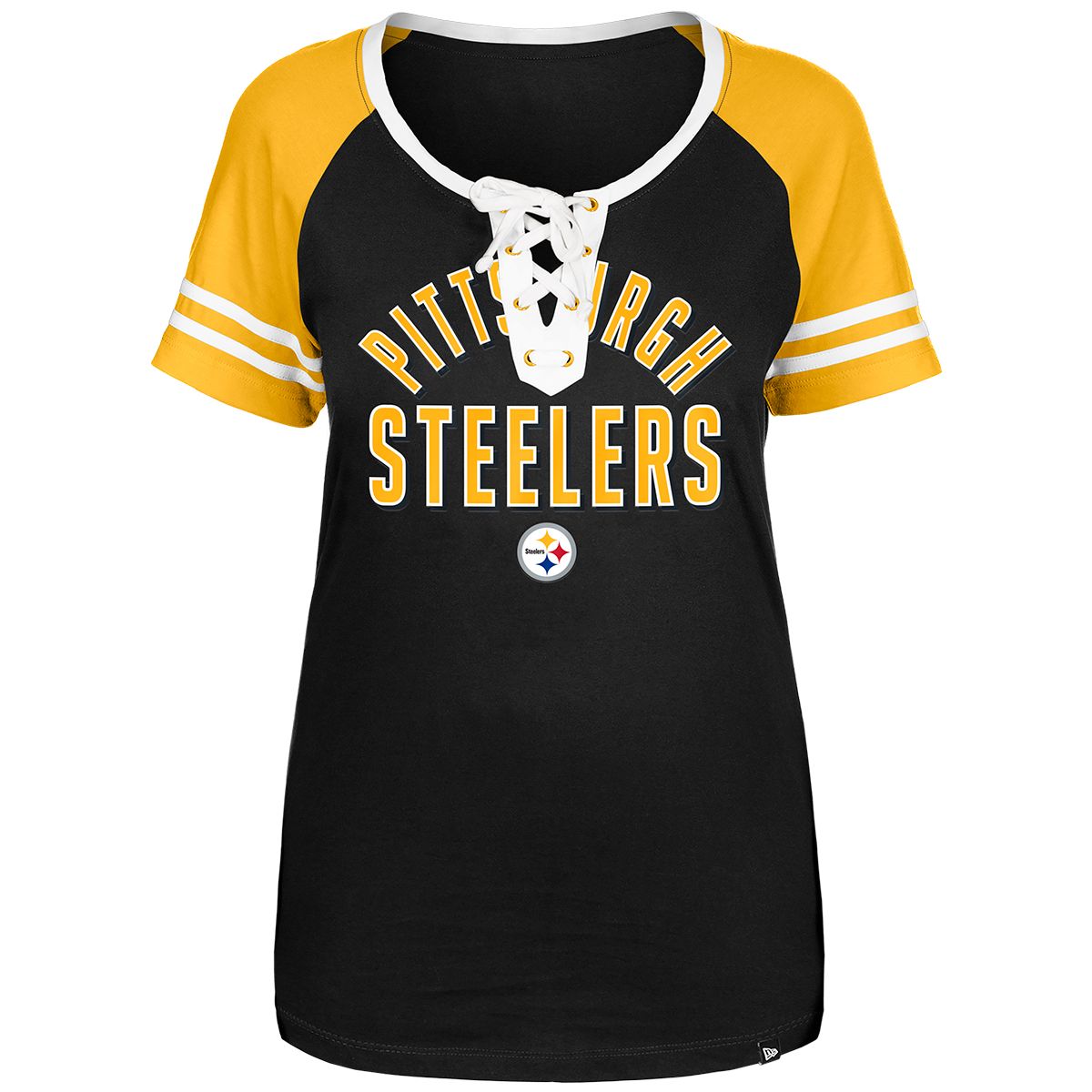 Pittsburgh Steelers Women's New Era Lace Up Colorblock Short Sleeve T-Shirt 1 Pittsburgh Steelers Women's New Era Lace Up Colorblock Short Sleeve T-Shirt