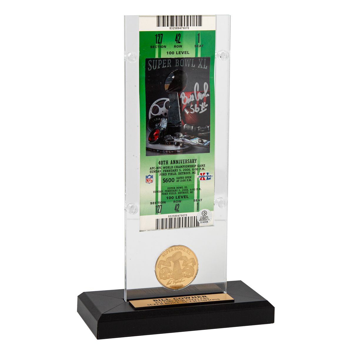 Bill Cowher SB XL Bronze Coin Ticket Acrylic 1 Bill Cowher SB XL Bronze Coin Ticket Acrylic