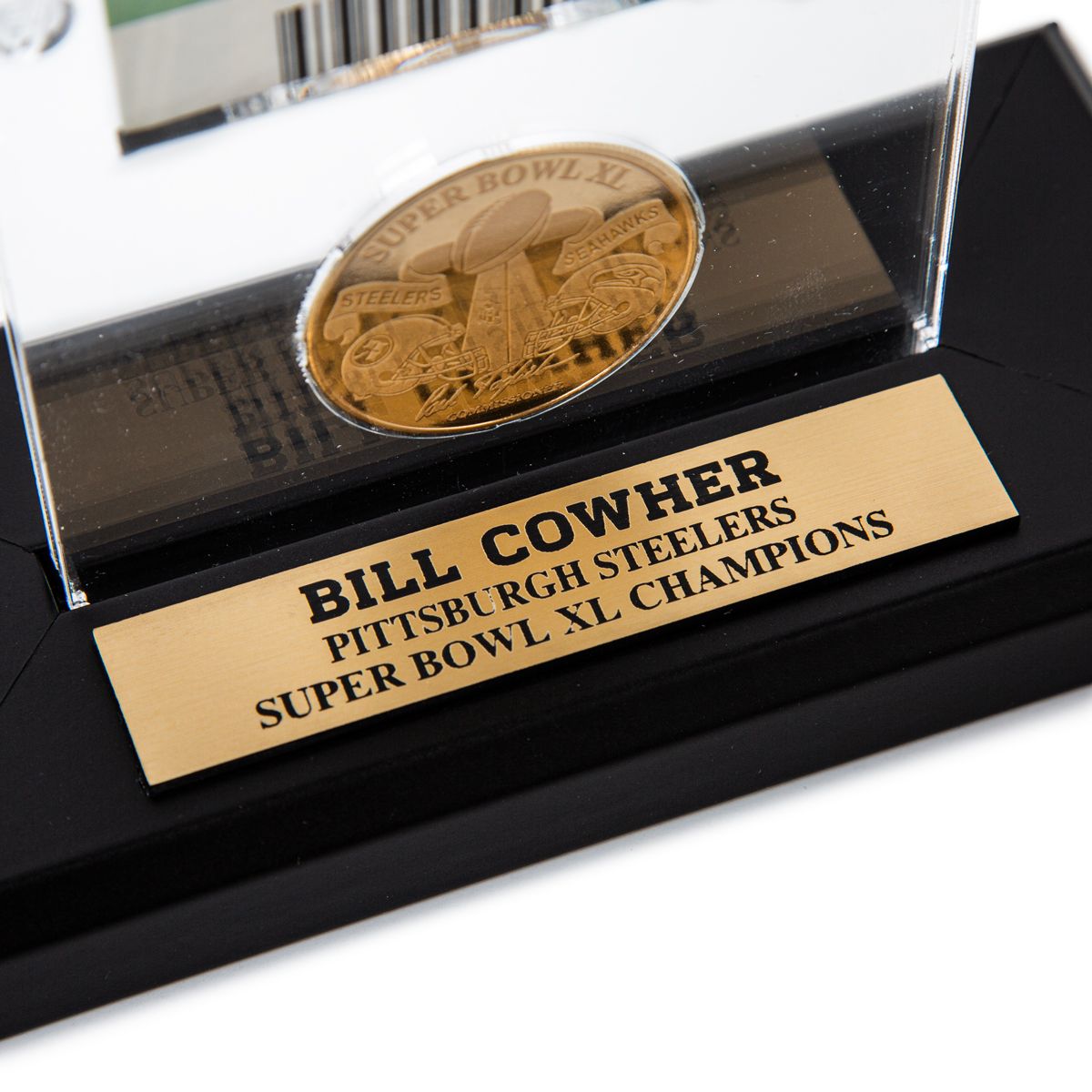 Bill Cowher SB XL Bronze Coin Ticket Acrylic 2 Bill Cowher SB XL Bronze Coin Ticket Acrylic