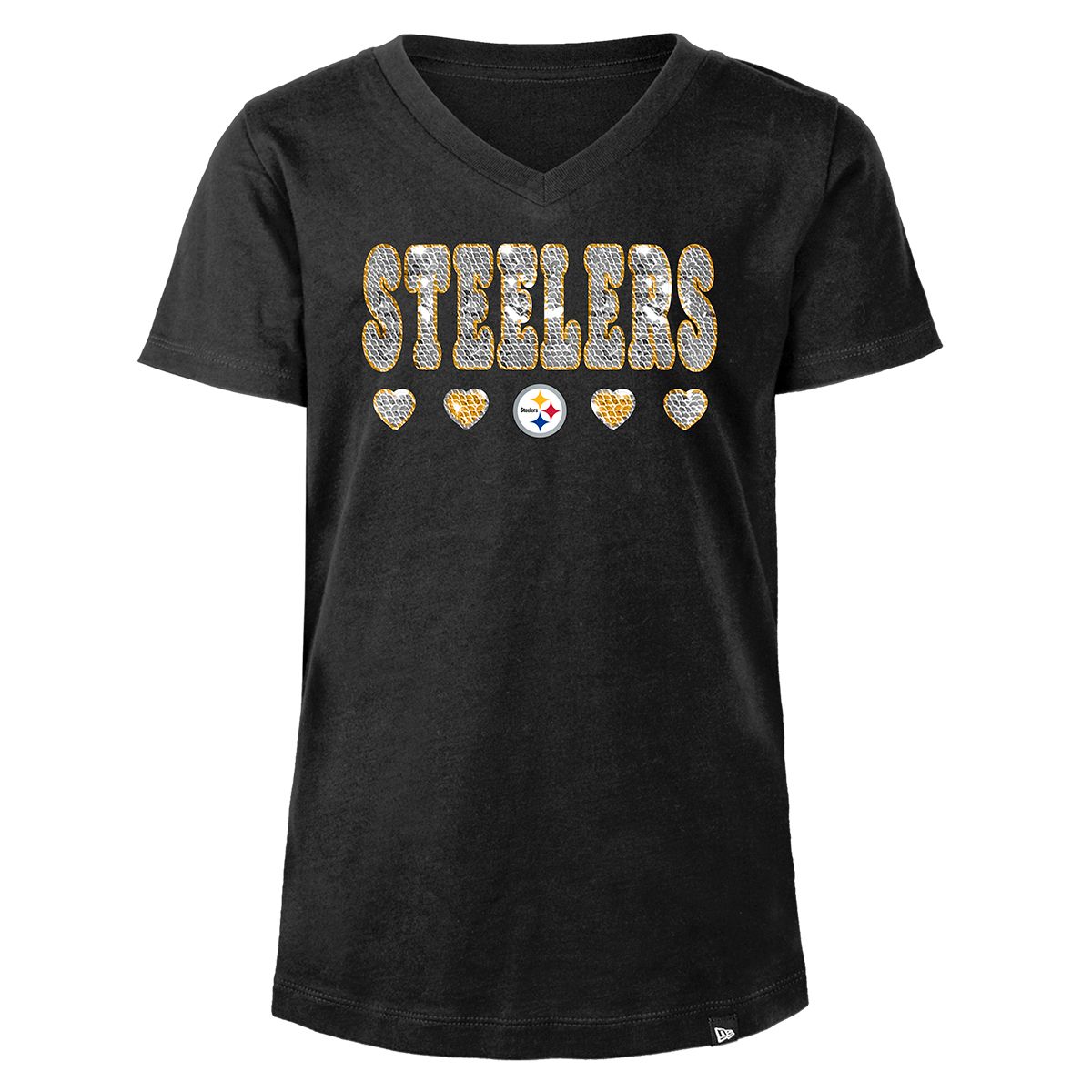 Pittsburgh Steelers Girl's New Era Flip Sequin V-Neck Short Sleeve T-Shirt 2 Pittsburgh Steelers Girl's New Era Flip Sequin V-Neck Short Sleeve T-Shirt