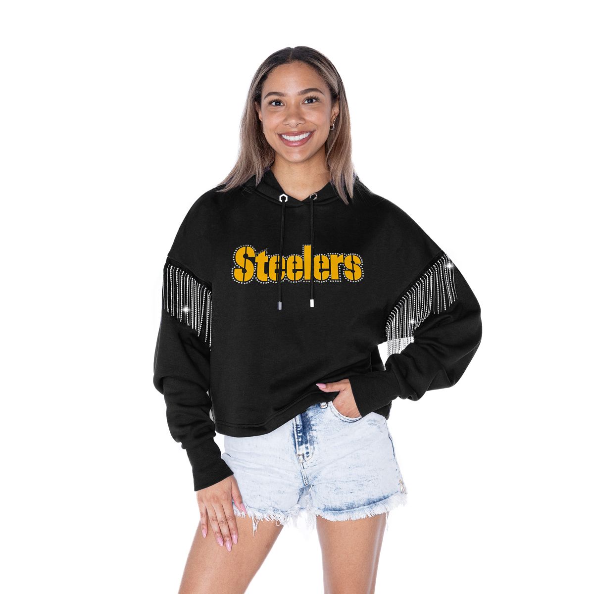 Pittsburgh Steelers Women's Gameday Couture Big Ambitions Rhinestone Fringe Hooded Sweatshirt 1 Pittsburgh Steelers Women's Gameday Couture Big Ambitions Rhinestone Fringe Hooded Sweatshirt
