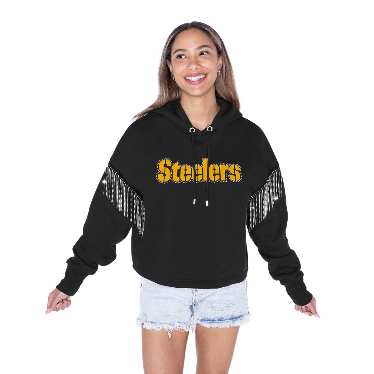 Pittsburgh Steelers Women's Gameday Couture Big Ambitions Rhinestone Fringe Hooded Sweatshirt 2 Pittsburgh Steelers Women's Gameday Couture Big Ambitions Rhinestone Fringe Hooded Sweatshirt