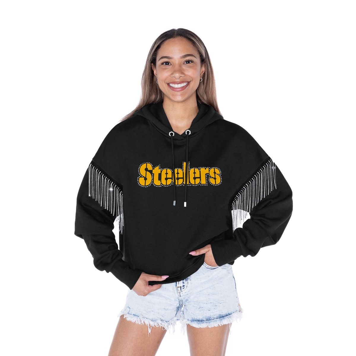 Pittsburgh Steelers Women's Gameday Couture Big Ambitions Rhinestone Fringe Hooded Sweatshirt 3 Pittsburgh Steelers Women's Gameday Couture Big Ambitions Rhinestone Fringe Hooded Sweatshirt
