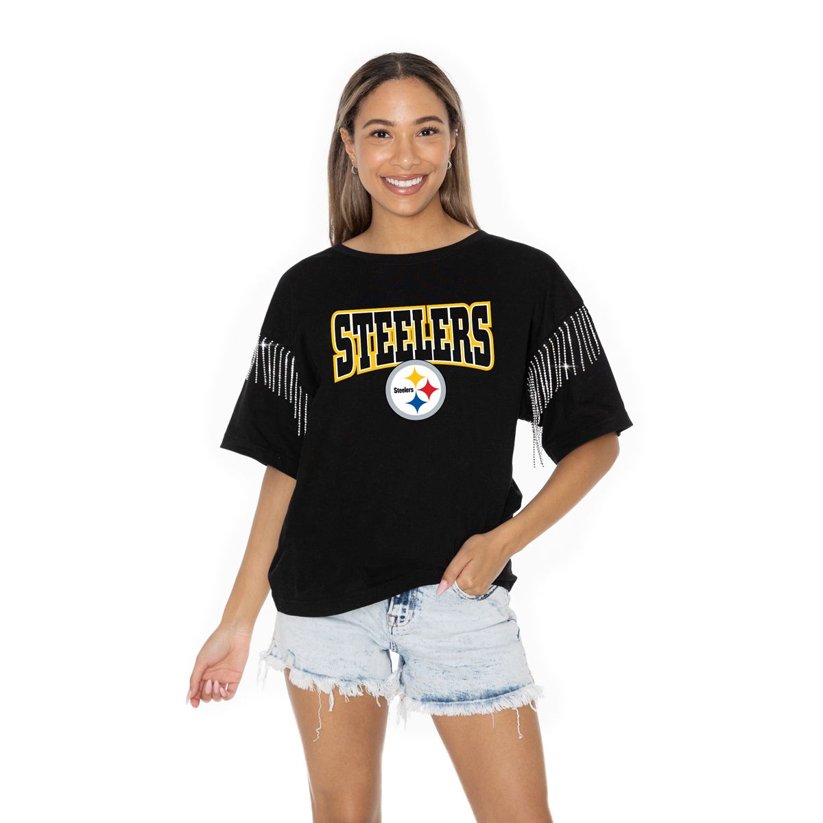 Pittsburgh Steelers Women's Gameday Couture Irresistible Rhinestone Fringe Short Sleeve T-Shirt 7 Pittsburgh Steelers Women's Gameday Couture Irresistible Rhinestone Fringe Short Sleeve T-Shirt