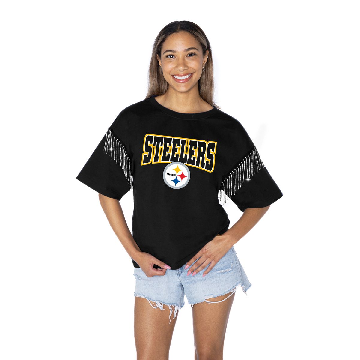 Pittsburgh Steelers Women's Gameday Couture Irresistible Rhinestone Fringe Short Sleeve T-Shirt 2 Pittsburgh Steelers Women's Gameday Couture Irresistible Rhinestone Fringe Short Sleeve T-Shirt