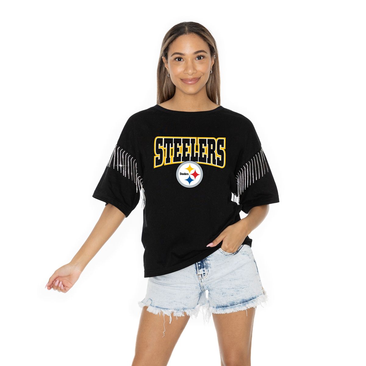 Pittsburgh Steelers Women's Gameday Couture Irresistible Rhinestone Fringe Short Sleeve T-Shirt 3 Pittsburgh Steelers Women's Gameday Couture Irresistible Rhinestone Fringe Short Sleeve T-Shirt