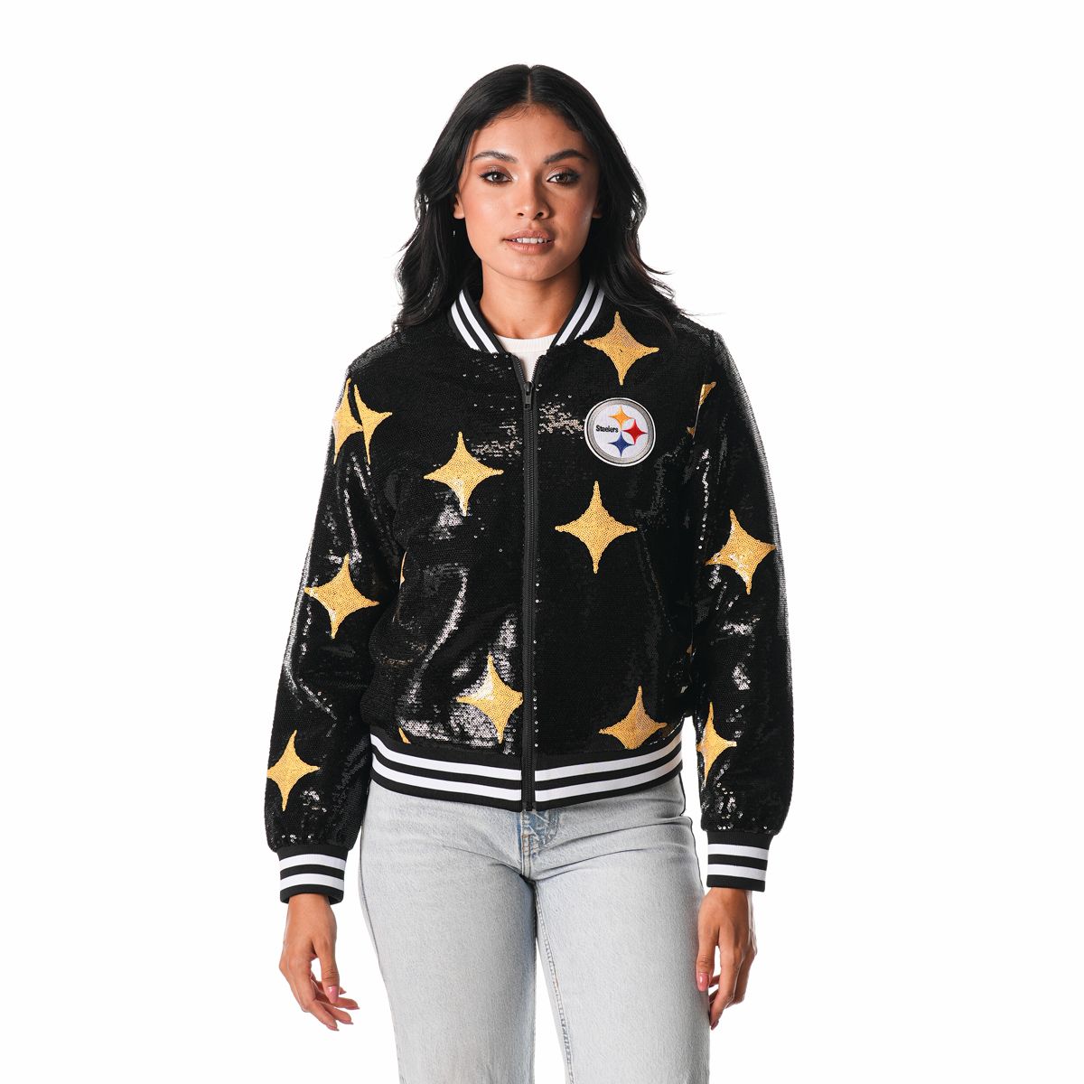 Pittsburgh Steelers Women's Wild Collective Hypocycloid Sequin Full Zip Jacket 1 Pittsburgh Steelers Women's Wild Collective Hypocycloid Sequin Full Zip Jacket