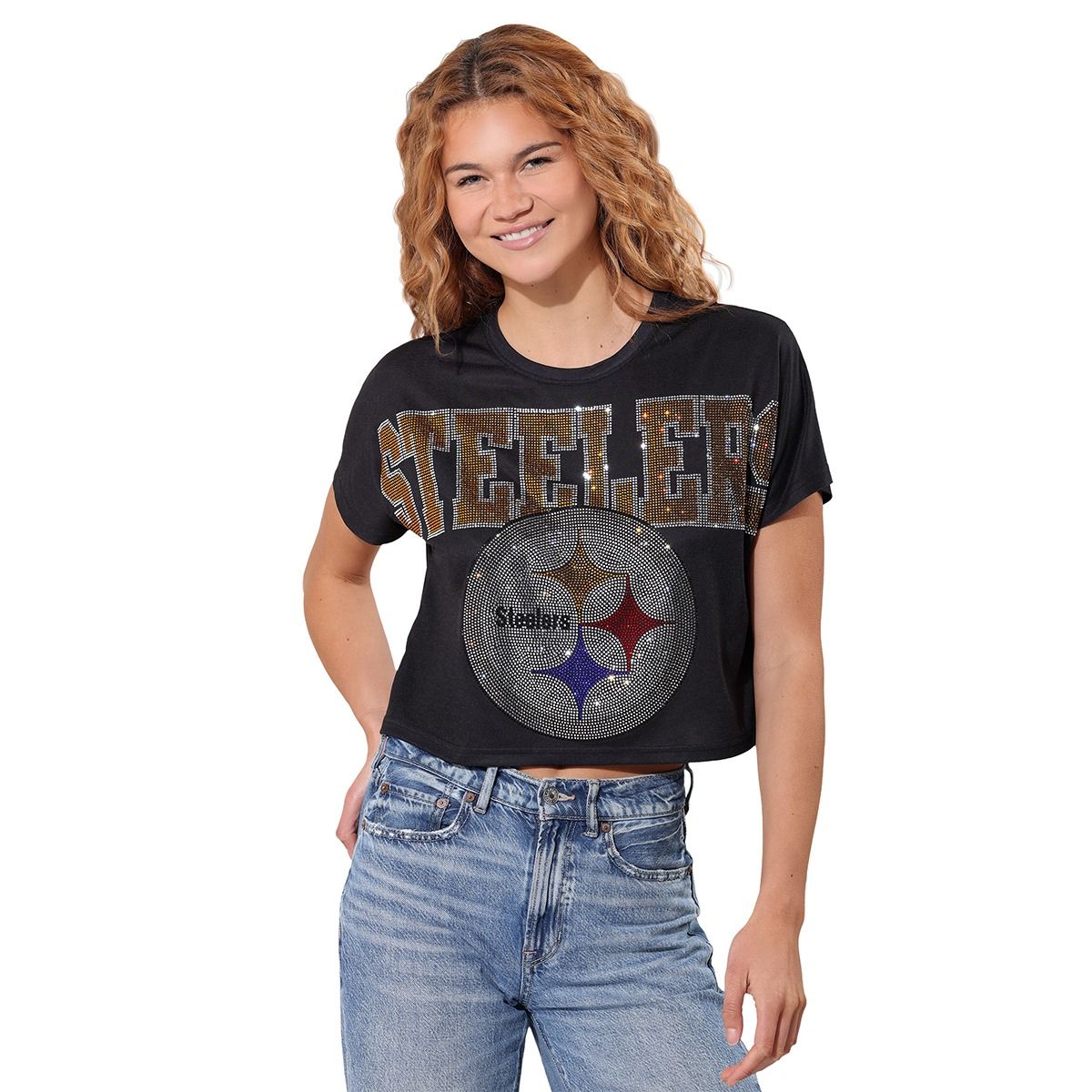 Pittsburgh Steelers Women's Big Logo Rhinestone Crop Short Sleeve T-Shirt 1 Pittsburgh Steelers Women's Big Logo Rhinestone Crop Short Sleeve T-Shirt