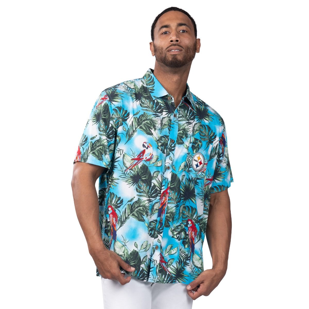 Pittsburgh Steelers Men's GIII Margaritaville Jungle Parrot Party Short Sleeve Shirt 5 Pittsburgh Steelers Men's GIII Margaritaville Jungle Parrot Party Short Sleeve Shirt