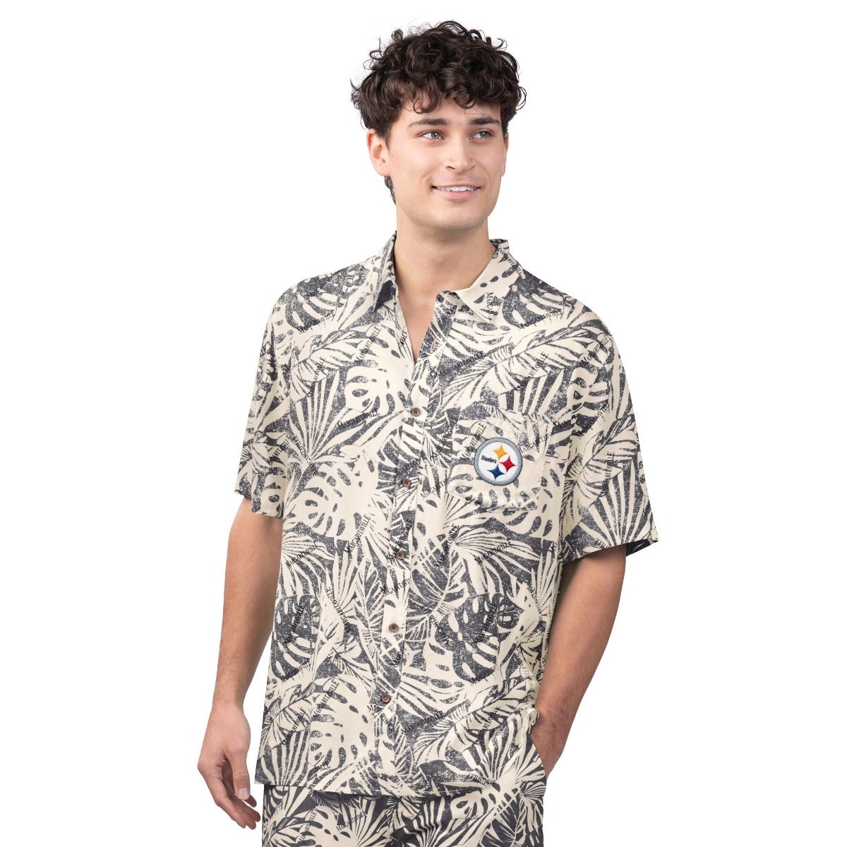 Pittsburgh Steelers Men's GIII Margaritaville Sand Washed Monstera Party Shirt 1 Pittsburgh Steelers Men's GIII Margaritaville Sand Washed Monstera Party Shirt