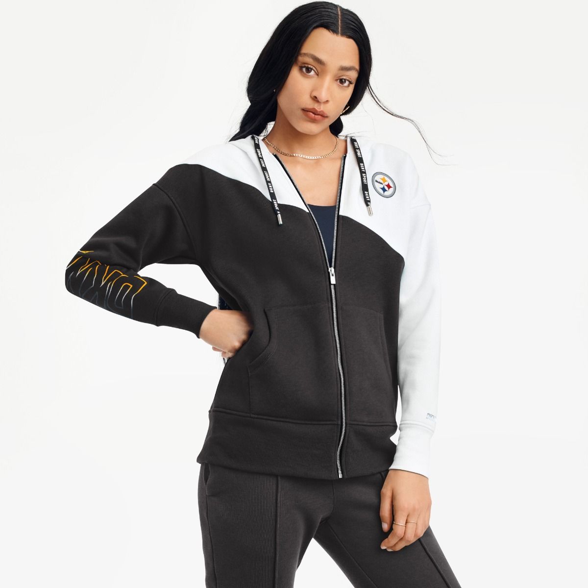 Pittsburgh Steelers Women's DKNY Gina Colorblock Full Zip Fleece Hoodie 1 Pittsburgh Steelers Women's DKNY Gina Colorblock Full Zip Fleece Hoodie