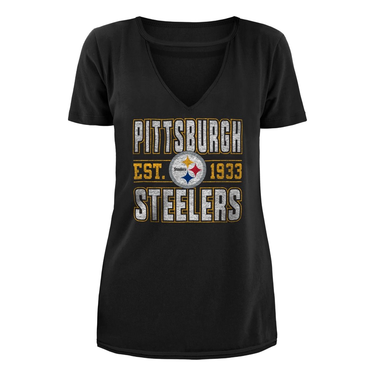 Pittsburgh Steelers Women's Established Cut Out Neck Short Sleeve T-Shirt 1 Pittsburgh Steelers Women's Established Cut Out Neck Short Sleeve T-Shirt