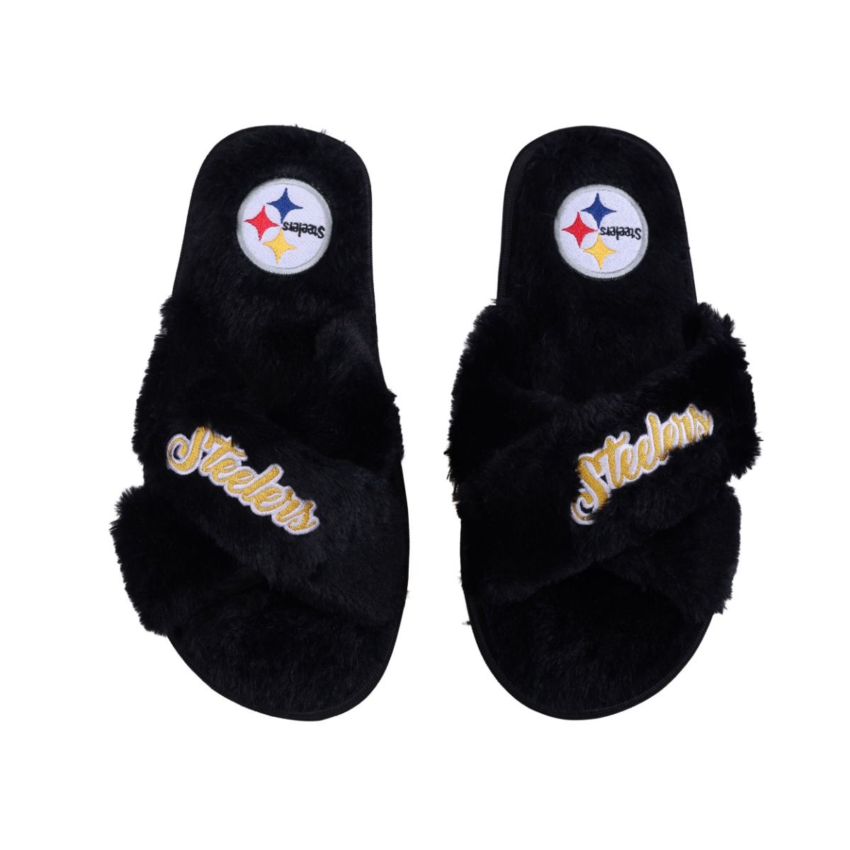 Pittsburgh Steelers Women's Script Wordmark Faux Fur Slides 1 Pittsburgh Steelers Women's Script Wordmark Faux Fur Slides