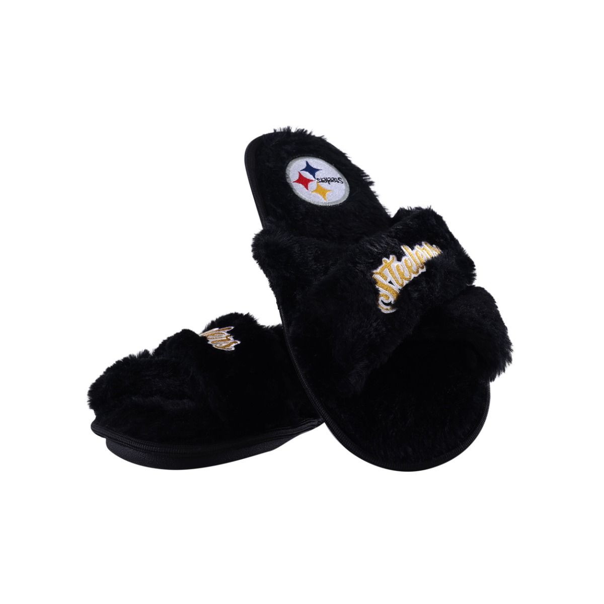 Pittsburgh Steelers Women's Script Wordmark Faux Fur Slides 2 Pittsburgh Steelers Women's Script Wordmark Faux Fur Slides