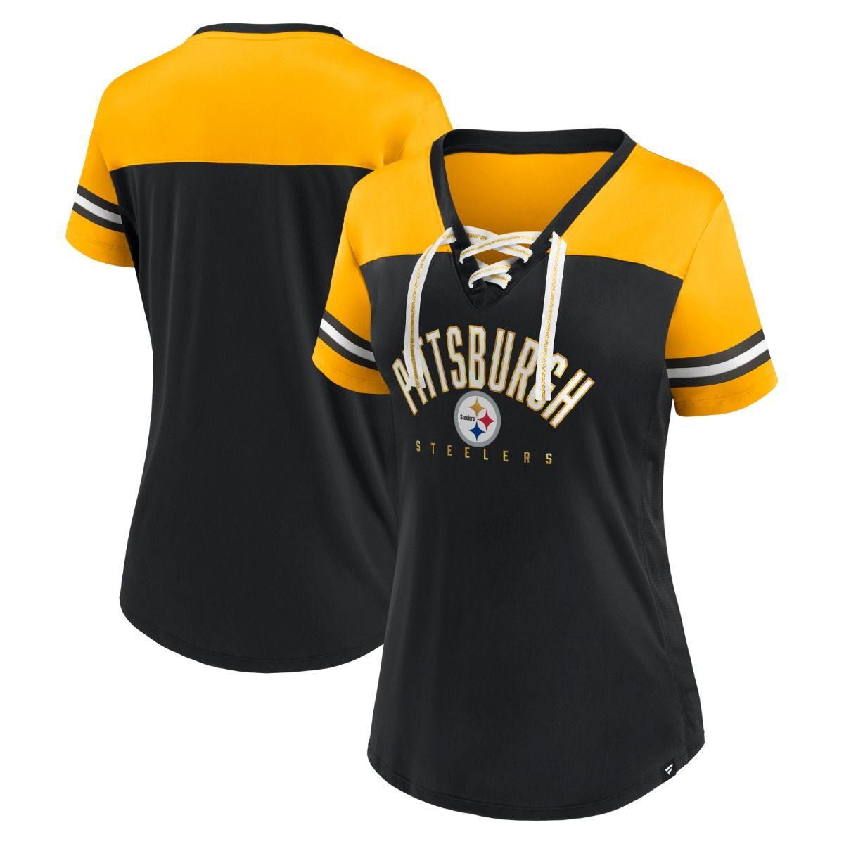 Pittsburgh Steelers Women's Athena Lace Up Short Sleeve T-Shirt 3 Pittsburgh Steelers Women's Athena Lace Up Short Sleeve T-Shirt