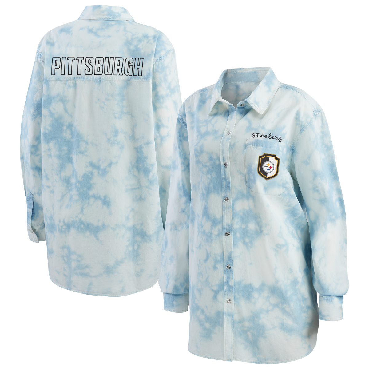 Pittsburgh Steelers Women's Erin Andrews Washed Chambray Button Down Shirt 1 Pittsburgh Steelers Women's Erin Andrews Washed Chambray Button Down Shirt