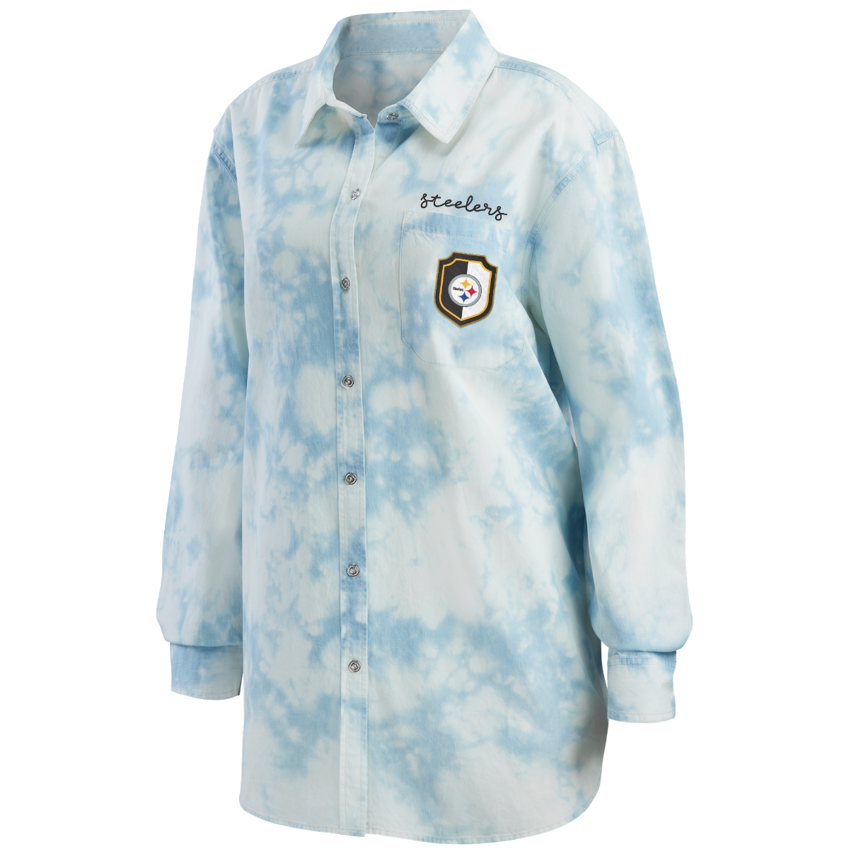 Pittsburgh Steelers Women's Erin Andrews Washed Chambray Button Down Shirt 2 Pittsburgh Steelers Women's Erin Andrews Washed Chambray Button Down Shirt
