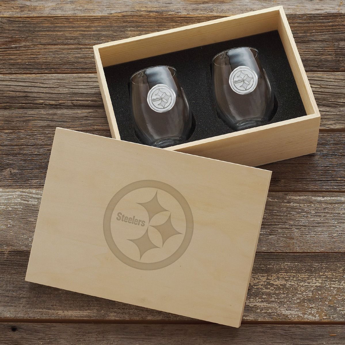 Pittsburgh Steelers Wendell August Forge 2-Piece Stemless Wine Glass Set with Collectible Box 11 Pittsburgh Steelers Wendell August Forge 2-Piece Stemless Wine Glass Set with Collectible Box